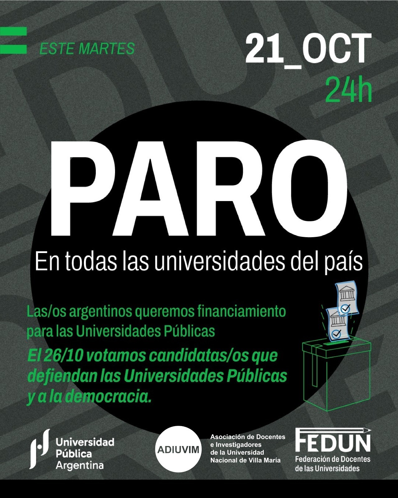 21/10 PARO de 24 hs ante la decisión de MILEI de no promulgar la Ley de Financiamiento Universitario