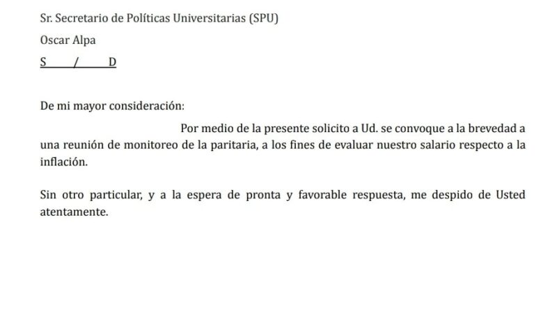 Solicitamos al Secretario de Políticas Universitarias Oscar Alpa una reunión para evaluar salarios e inflación.