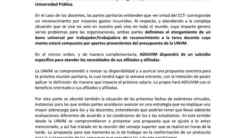 Avances en la Paritaria ADIUVIM/UNVM