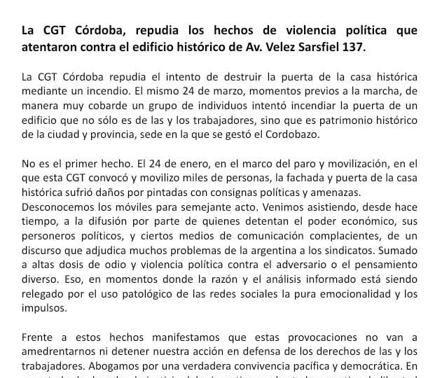 Comunicado de la CGT Córdoba acerca del atentado del edificio histórico de Av. Vélez Sarsfield 137