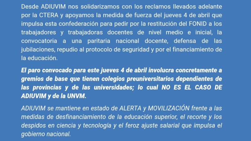 Nos solidarizamos con CTERA y apoyamos la medida de fuerza