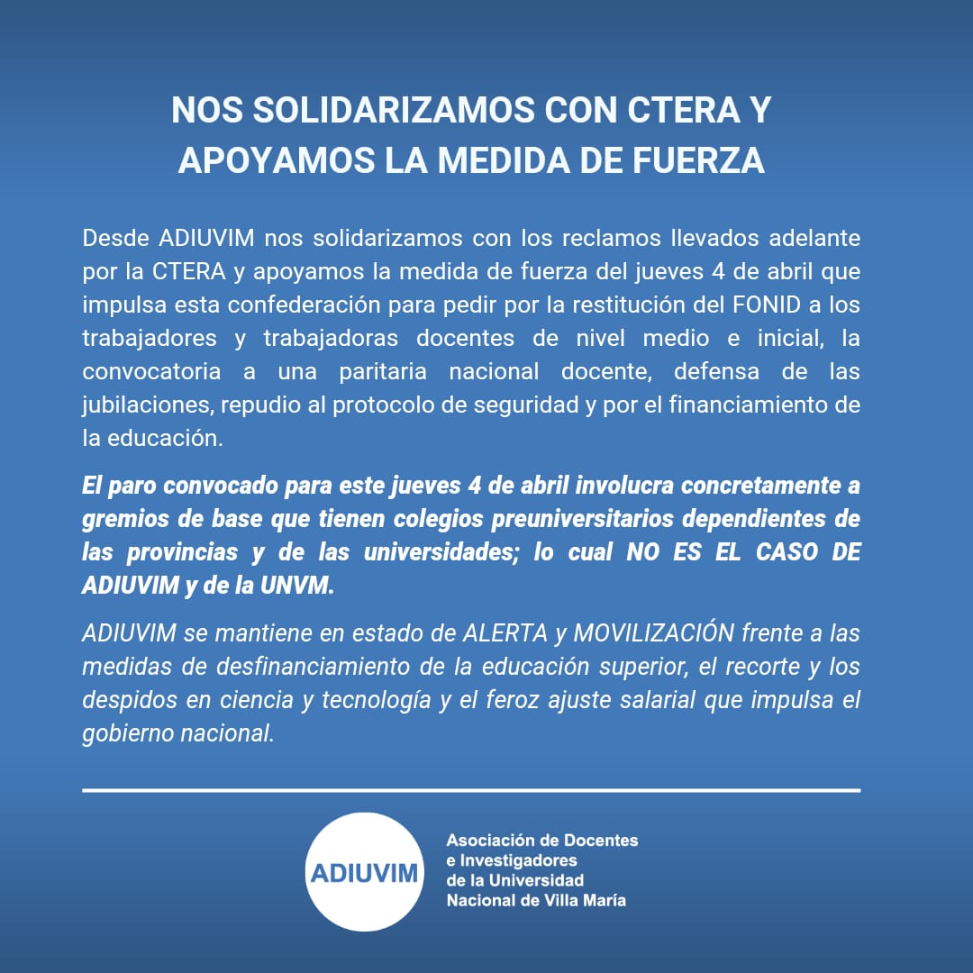 Nos solidarizamos con CTERA y apoyamos la medida de fuerza