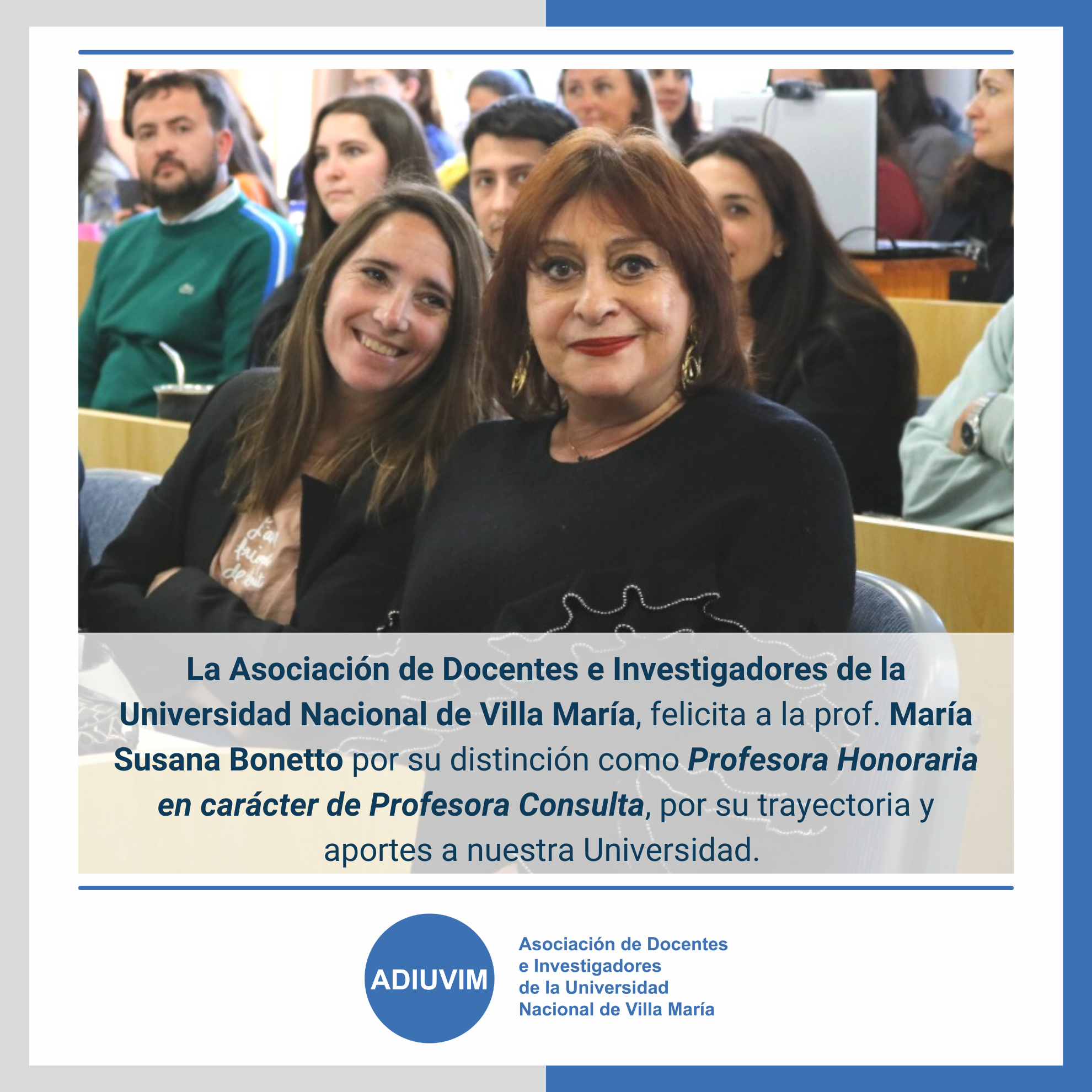 ¡Felicitamos a la Prof. María Susana Bonetto por su distinción como Profesora Honoraria en carácter de Profesora Consulta de la UNVM!