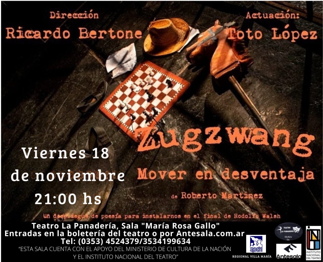 Beneficio para Afiliadas/os: Reservá gratis tu entrada para la obra de teatro “Zugzwang. Mover en desventaja” de Roberto Martínez