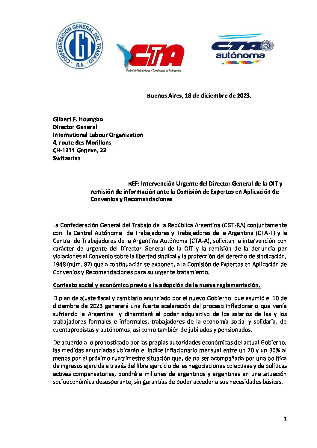 CGT y las dos CTA solicitan intervención urgente de la OIT ante la violación a los derechos sindicales