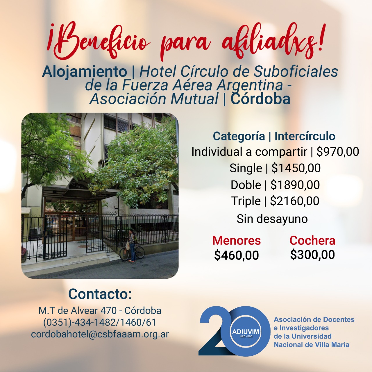 Nuevo Beneficio: Descuentos para afiliados/as en el Hotel Círculo de Sub Oficiales de la Fuerza Área Argentina