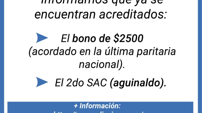 Ya se encuentran acreditados el Bono acordado en la última Paritaria Nacional ($2500) y el segundo SAC (aguinaldo)