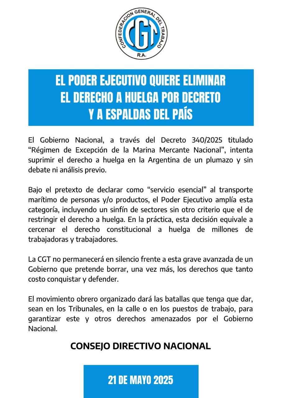 Comunicado de la CGT sobre la eliminación del derecho a huelga. Decreto 340/2025