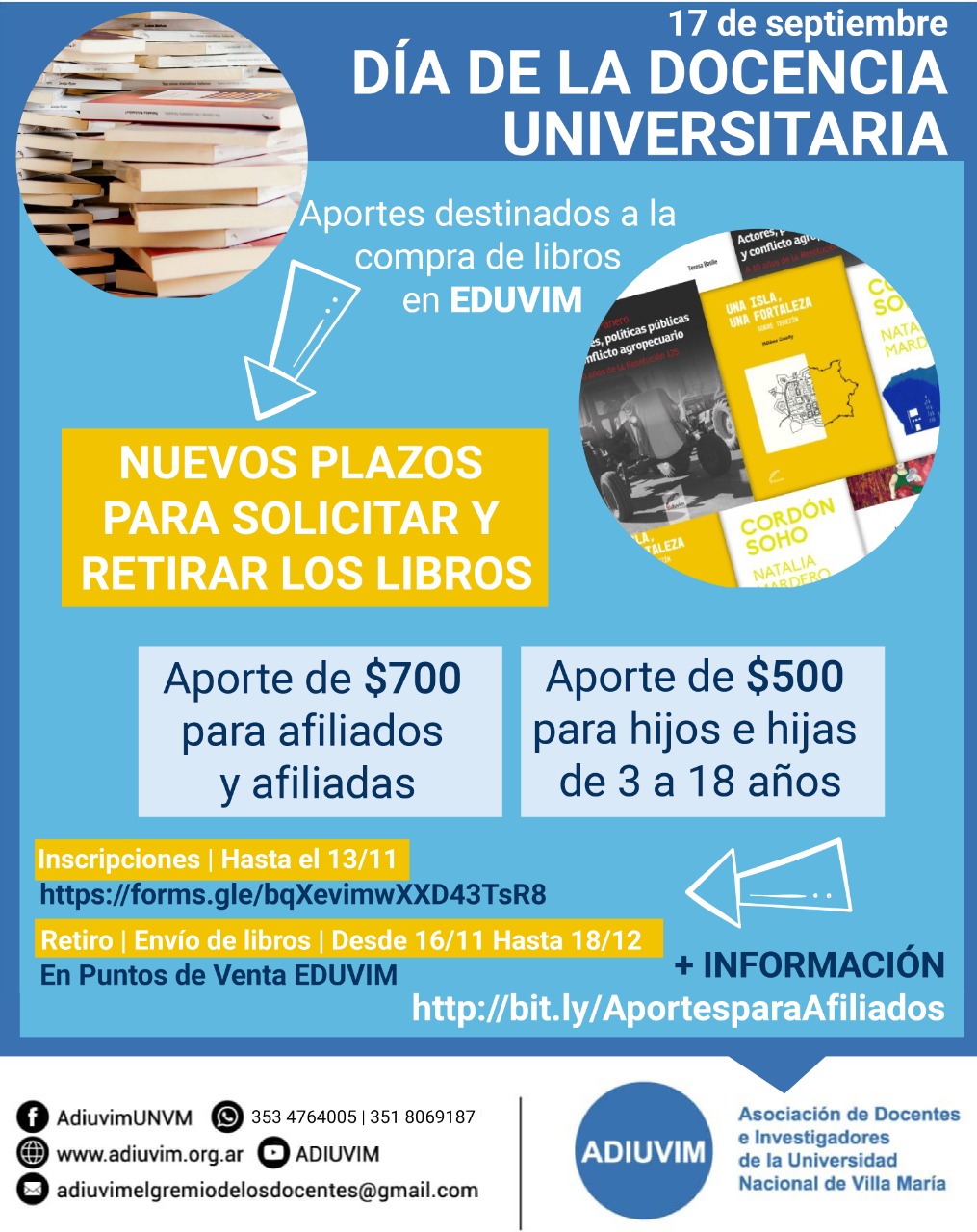 Aportes Día de la Docencia Universitaria: NUEVOS PLAZOS para inscribirse y retirar libros